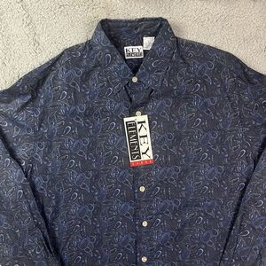 Vintage Key Elements 90's Button Shirt Blue Floral Long Sleeve Sz‎ Large NOS
